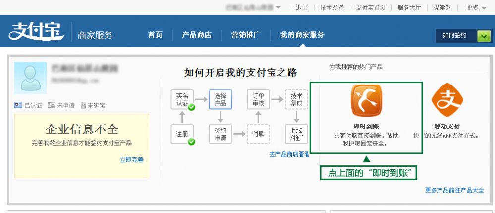 支付寶即時(shí)到賬申請(qǐng)示意圖截圖